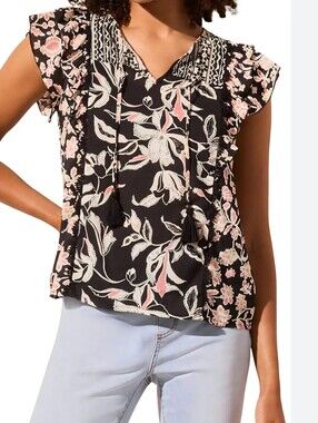 Tribal Black Floral Tassel V-Neck Blouse
